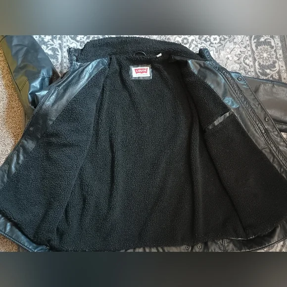 Levis Mens Faux Leather Aviator Jacket XL Black Sherpa Lined Moto Trucker Biker - Picture 9 of 14